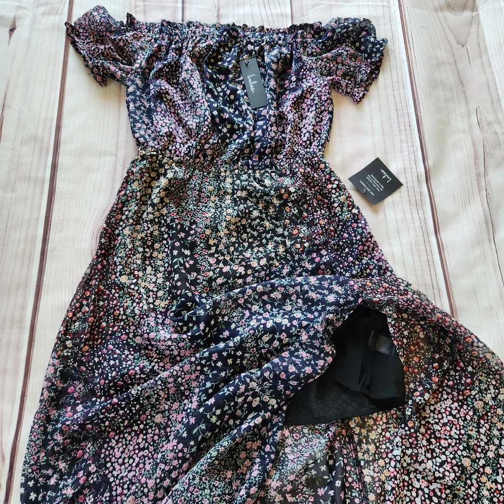 NWT Lulus "Neva Navy Blue Floral Print Off-the-Shoulder Maxi Dress" Size Small - Picture 3 of 10
